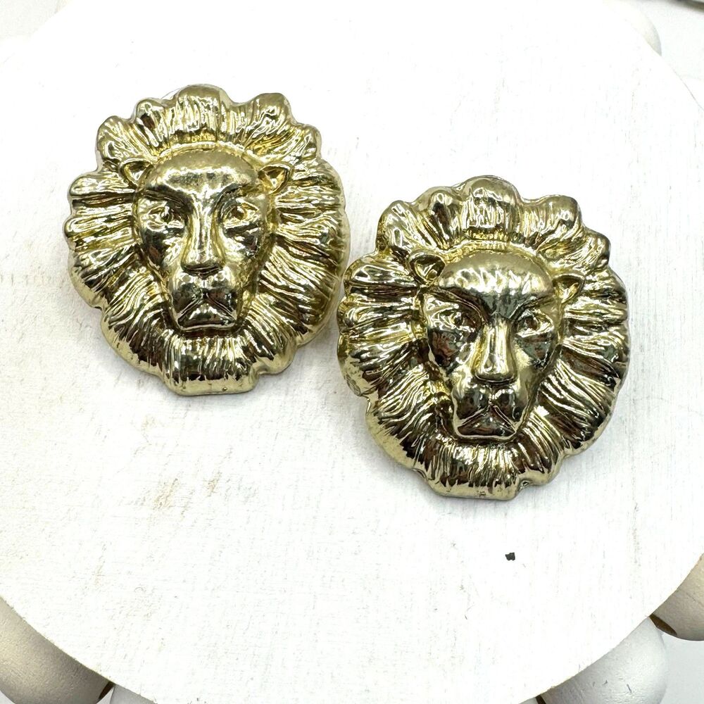 Vintage Gold Tone Lion Head Large Stud Earrings